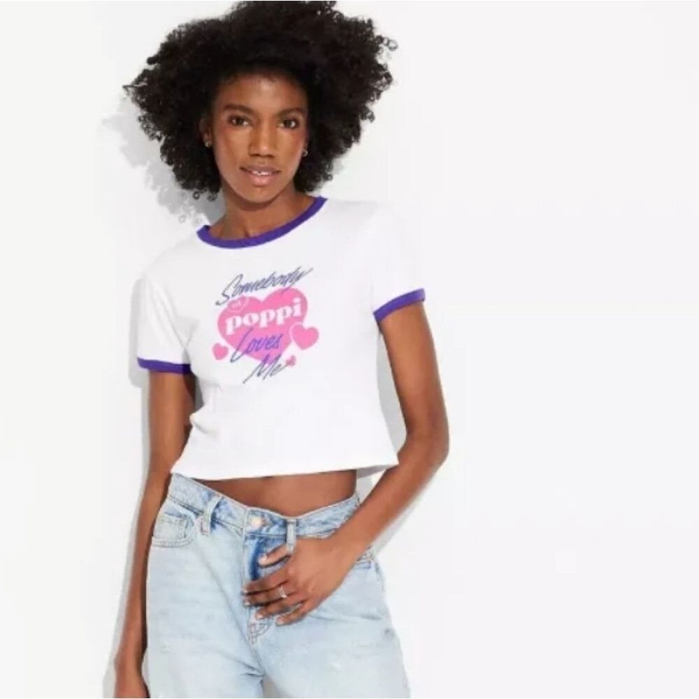 Poppi Soda White Purple crop top T-Shirt Womens L NWT Target Collab Graphic